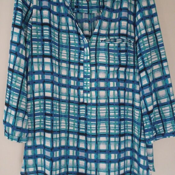 NYDJ L Blue Green Painterly Plaid Chiffon Tunic Top 3/4 Sleeve Pullover - Picture 2 of 8